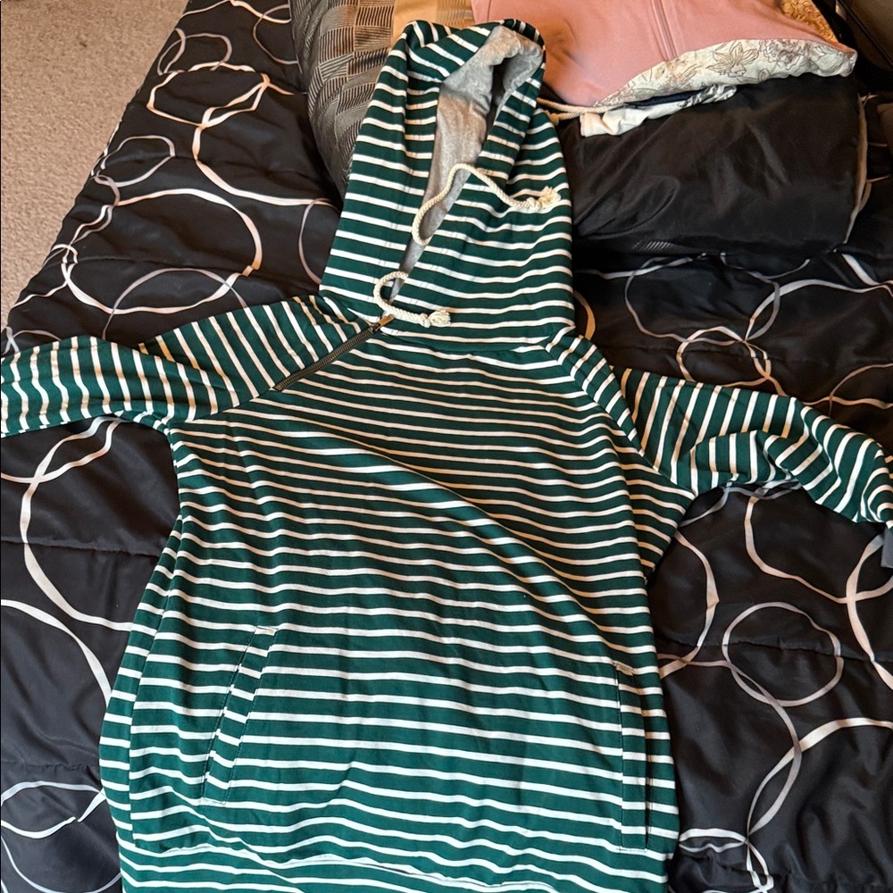 AMPERSAND AVE Green and White Striped Hoodie